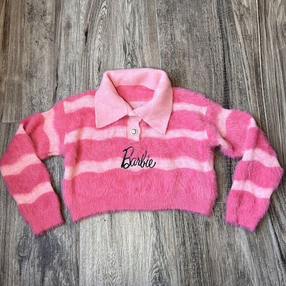 Barbie Pink Collar Crop Top preppy coquette soft fur chic stretch sweatshirt #50 - Picture 2 of 10